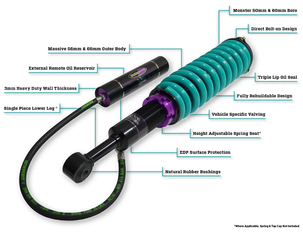 Dobinson monotube shock and coil spring set up for load-rated 4WD suspension in Adelaide