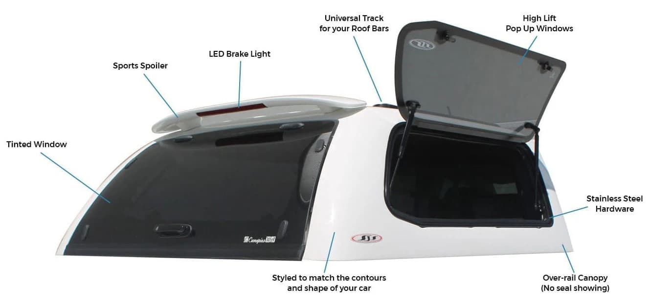 SJS ute canopy features: over-rail flush fit, high-lift pop-up windows, tinted windows, LED brake light, sports spoiler and colour-coded finish