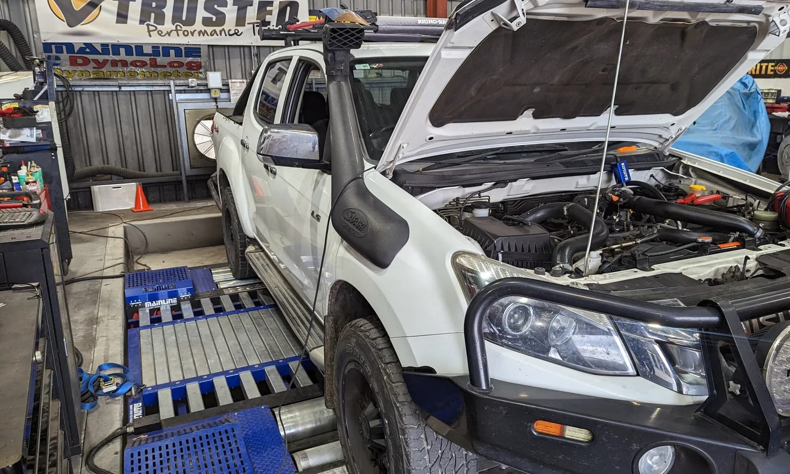 Isuzu D-Max 3.0 strapped to the Mainline chassis dyno for an ECU remap at Trusted Mechanical, Lonsdale