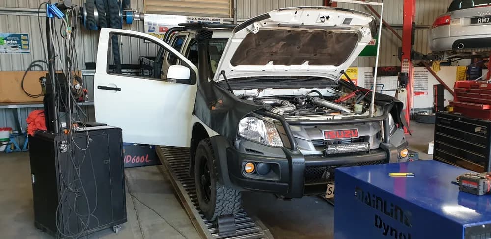 Isuzu D-Max 4WD on the in-house dyno for a custom diesel tune at Trusted Mechanical, Adelaide