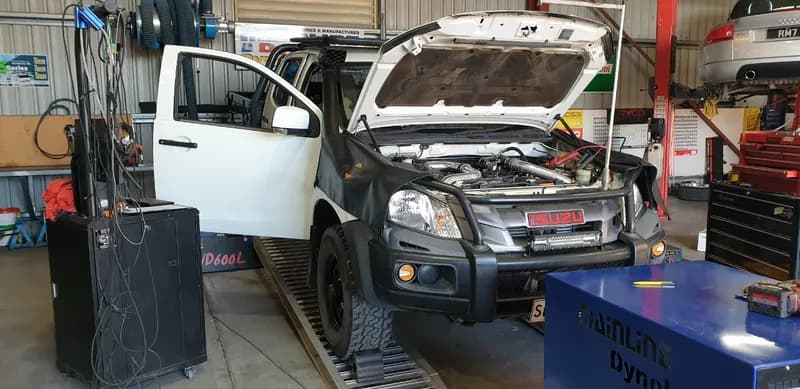 Isuzu D-Max ute on the in-house dyno for a custom diesel tune at Trusted Mechanical, Lonsdale