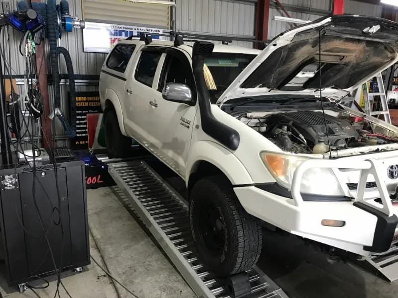Diesel ute strapped up for a load-verified dyno tune in Adelaide