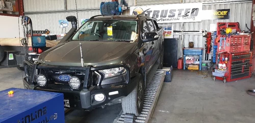 Ford Ranger on the dyno during an ECU remap under the Trusted Performance Tuning banner in Adelaide