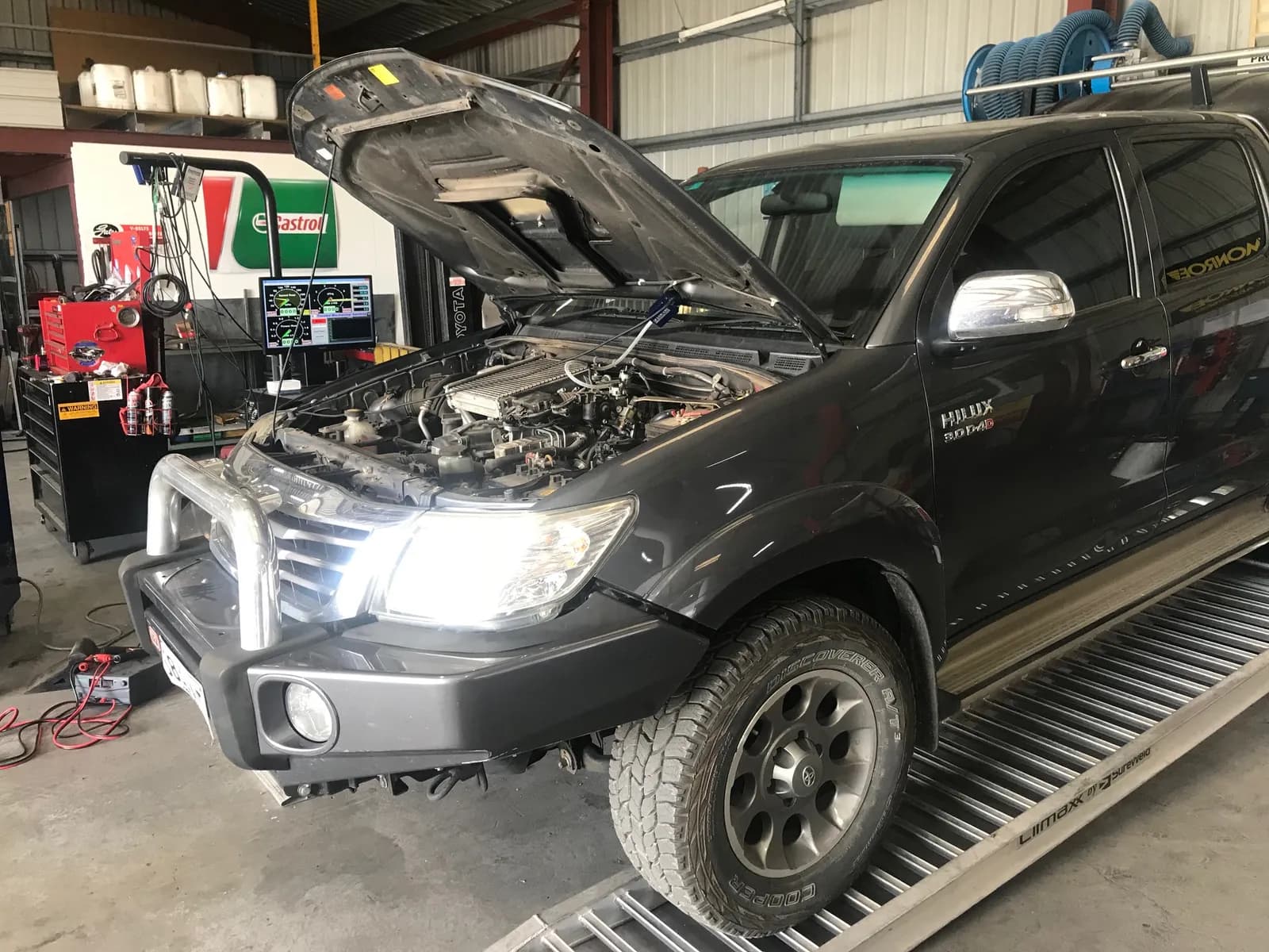 Toyota Hilux diesel with bonnet up on the dyno during an ECU remap at Trusted Mechanical, Adelaide